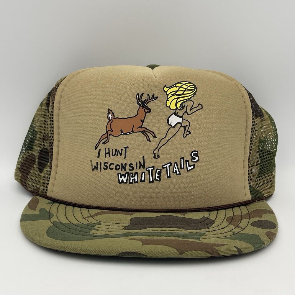 Vintage I Hunt Wisconsin Whitetails Deer Hunting Camo Snapback Trucker Hat Cap